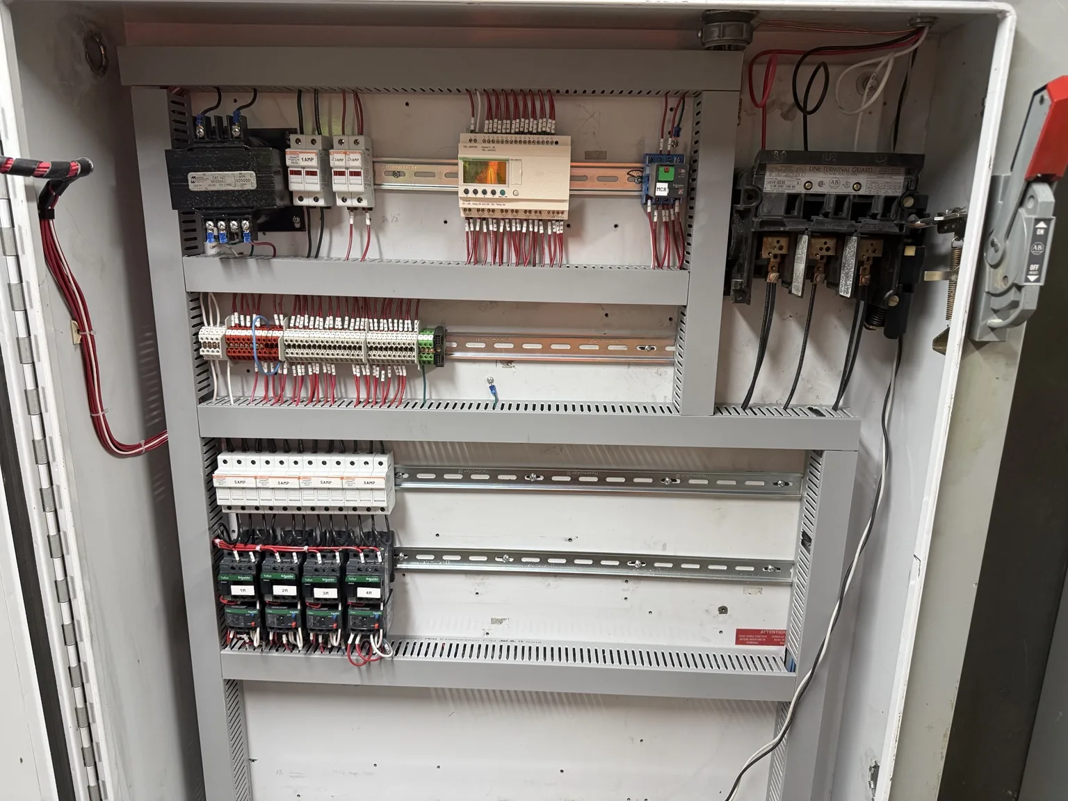 Industrial control panel with timers, breakers and contactors