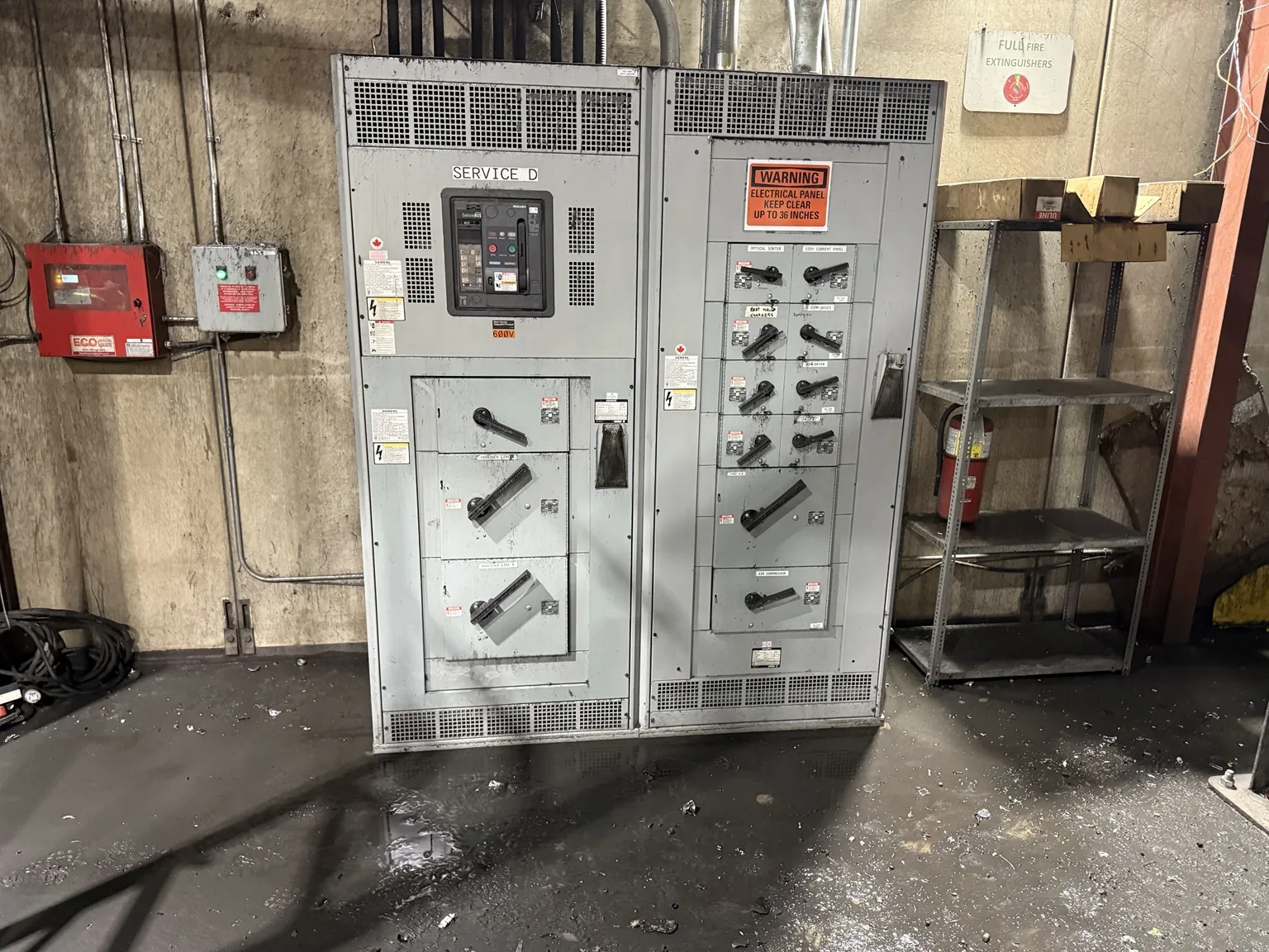 Industrial switchgear in a plant electrical room